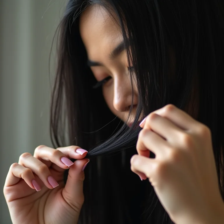 Asiático-brasileira fazendo teste de mecha antes de aplicar o ombré hair.