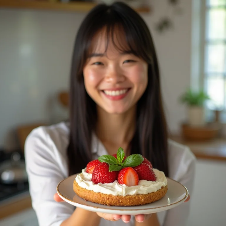 Asiático-brasileira servindo esfiha de morango com manjericão