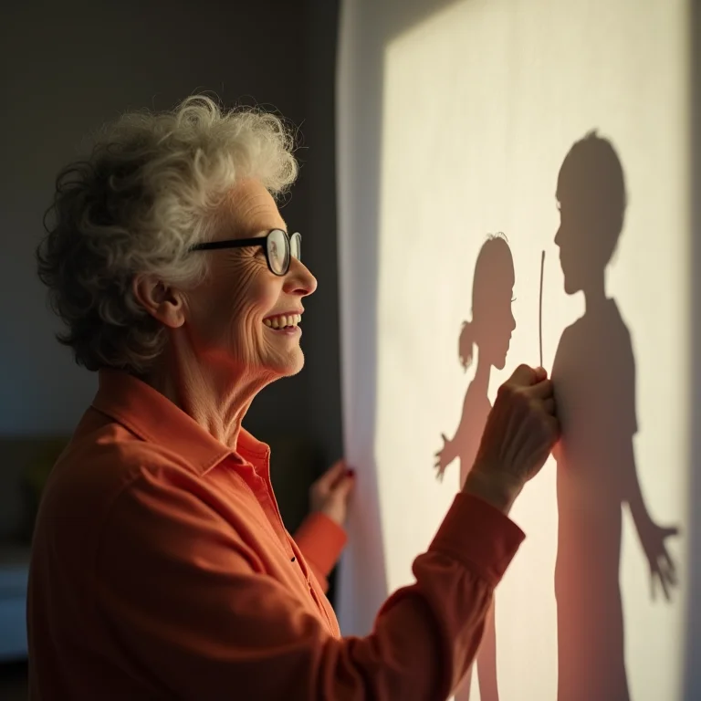 Avó e neta brincando de teatro de sombras