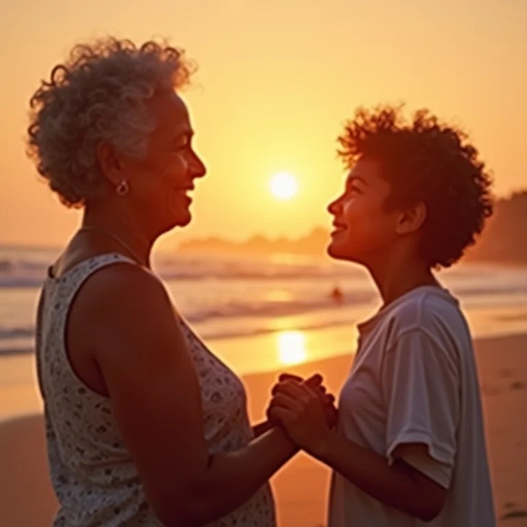 Avó e neta de mãos dadas apreciando pôr do sol em Jericoacoara.