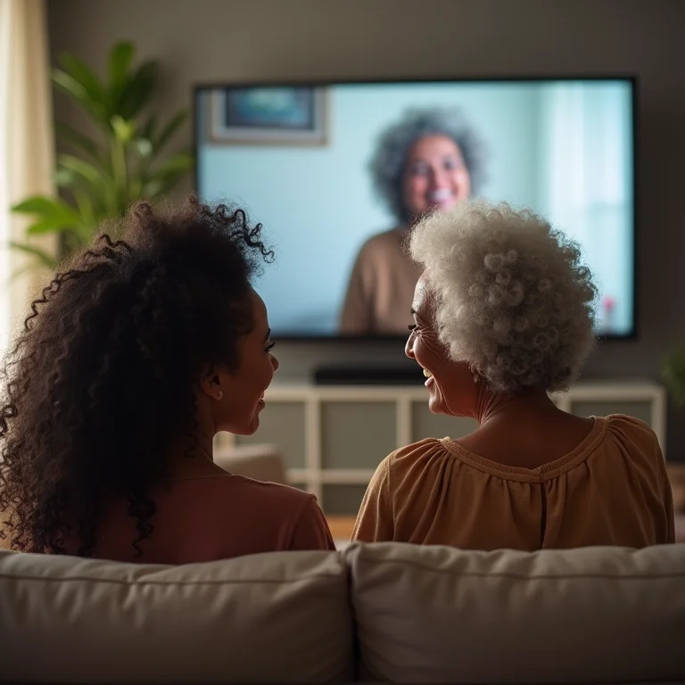 Avó e neta rindo assistindo TV.