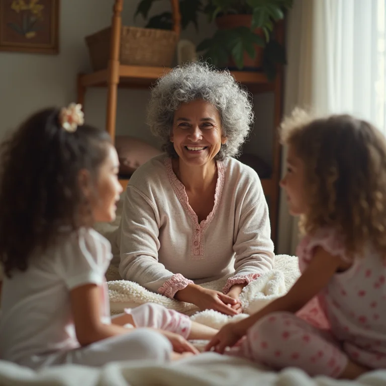 Avó se divertindo em festa do pijama com netos.