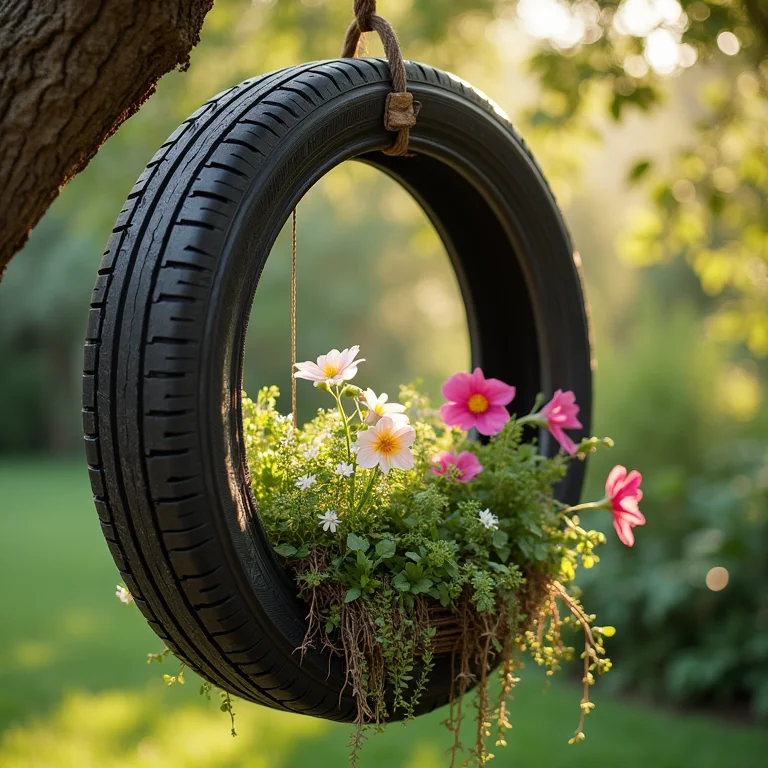 Balanço de pneu transformado em vaso de planta