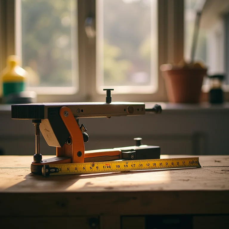 Bancada de artesanato ajustável com marcações de altura.