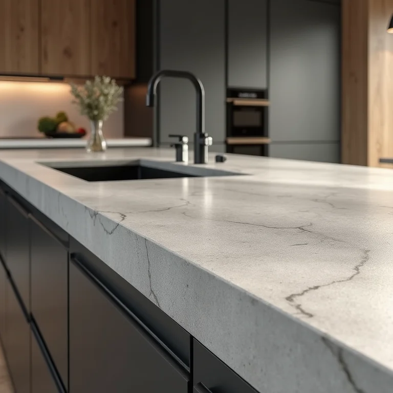 Bancada de concreto em cozinha moderna.