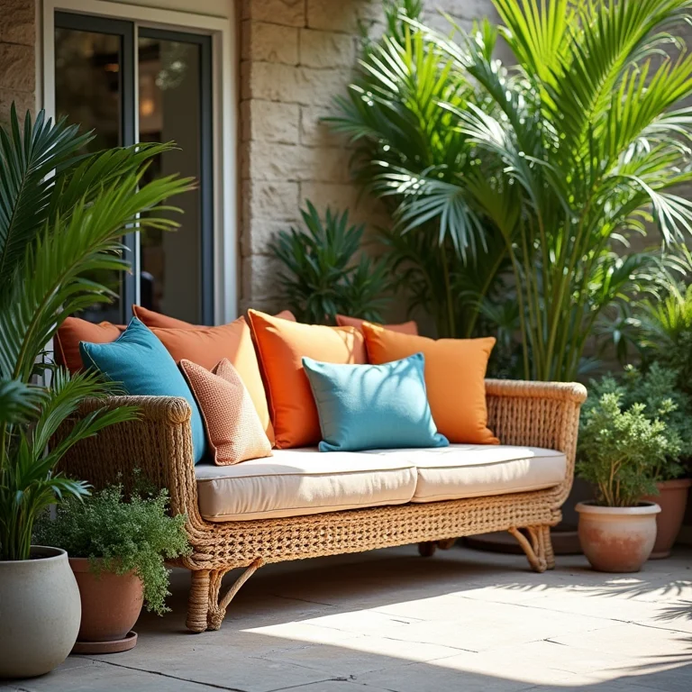 Banco de corda náutica com almofadas coloridas em pátio moderno