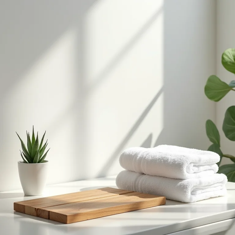 Banheiro claro e organizado com toalhas brancas, tapete de madeira e suculenta na bancada