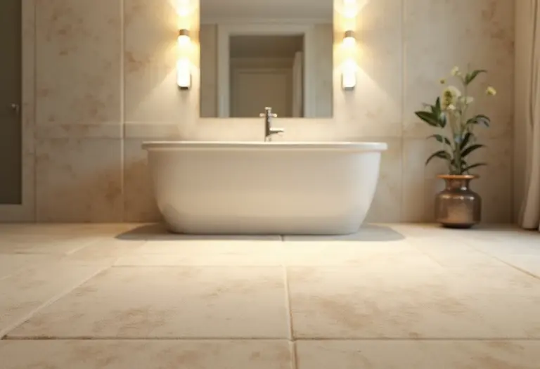 Banheiro com tapete bege claro envelhecido mostrando um erro de decoração.