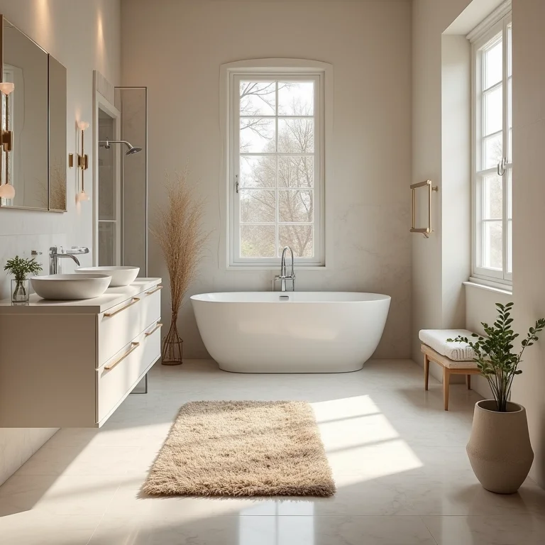 Banheiro com tapete pequeno e desproporcional em frente à pia.