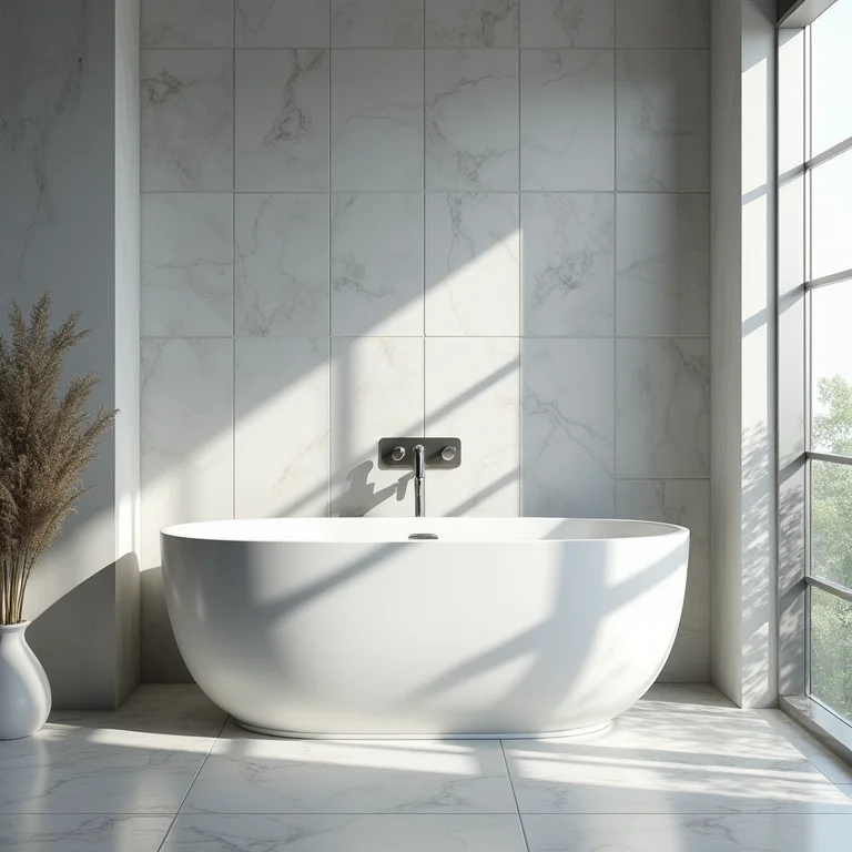 Banheiro de luxo com azulejos e acessórios cor gelo, banheira e decoração minimalista