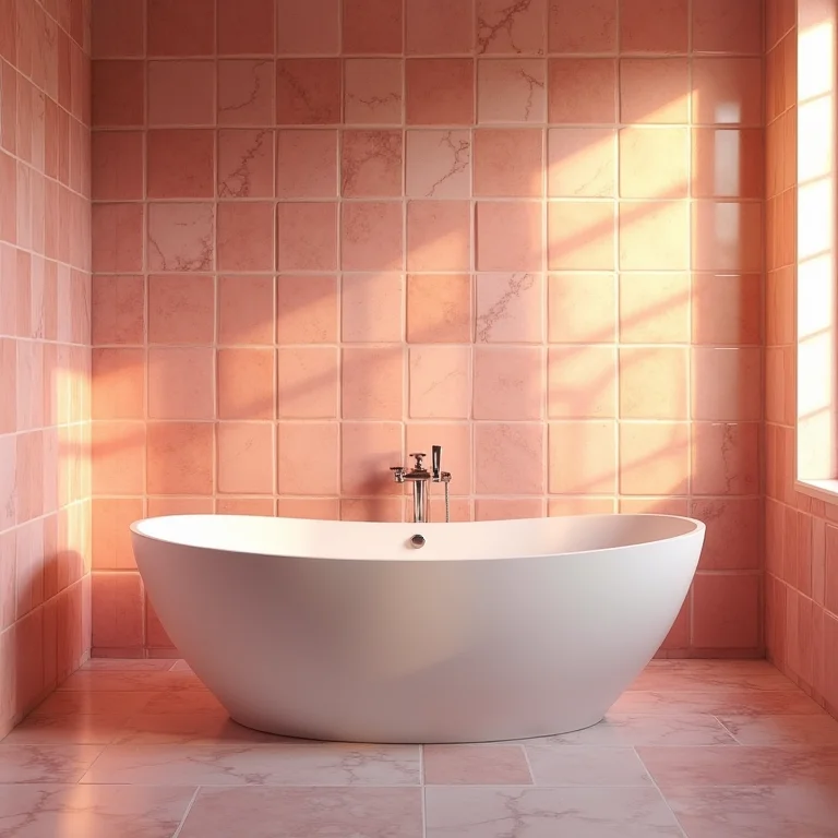 Banheiro luxuoso com paredes revestidas de pastilhas rosa e banheira