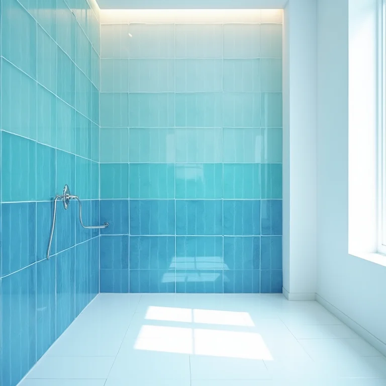 Banheiro moderno com pastilhas de vidro azuis em efeito degradê na parede do chuveiro.