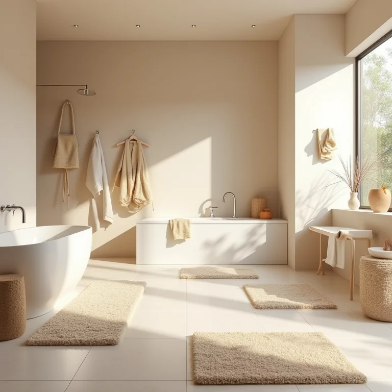 Banheiro moderno com tapetes em tons de bege que valorizam o ambiente.