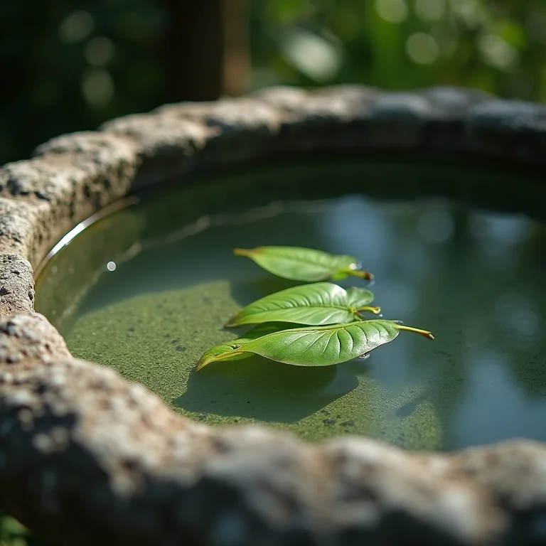 Bebedouro de pedra com água limpa e folhas verdes.