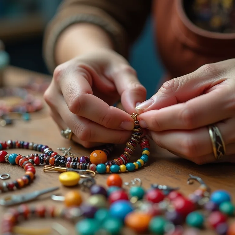 Bijuterias e acessórios: mãos delicadas criando um colar de miçangas vibrantes