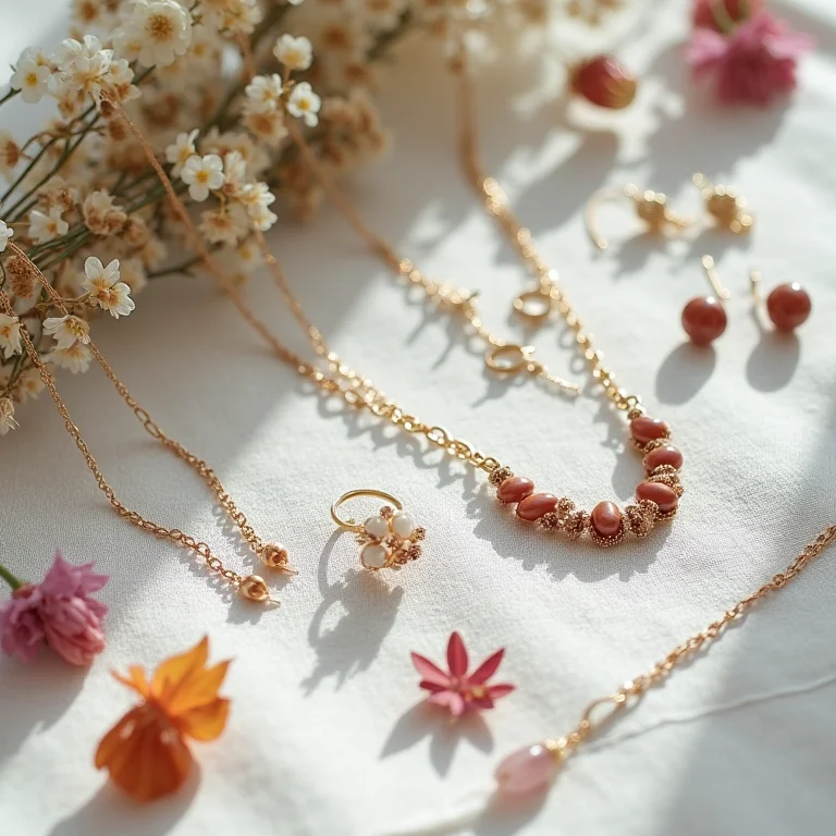 Biojoias delicadas para o dia a dia em composição flat lay