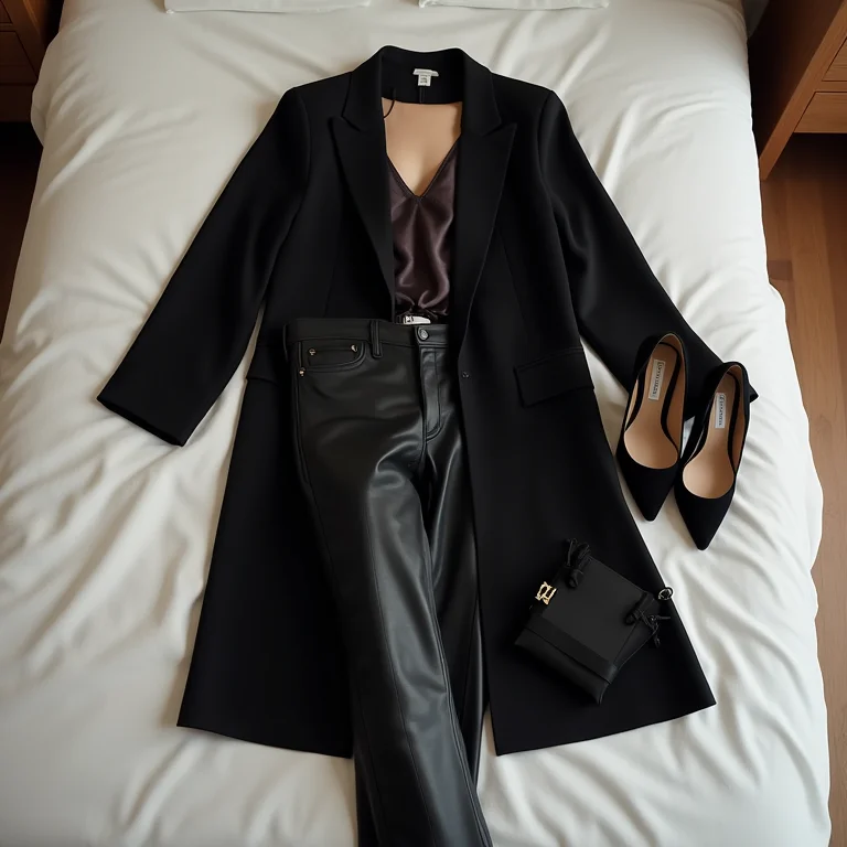 Blazer preto alongado combinado com camisola de seda, calça de couro e salto alto em um outfit grid