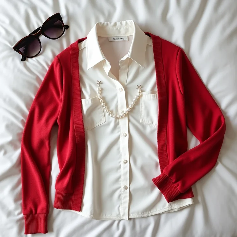 Blusa branca, cardigan vermelho, colar de pérolas e óculos de sol gatinho dispostos em uma cama arrumada