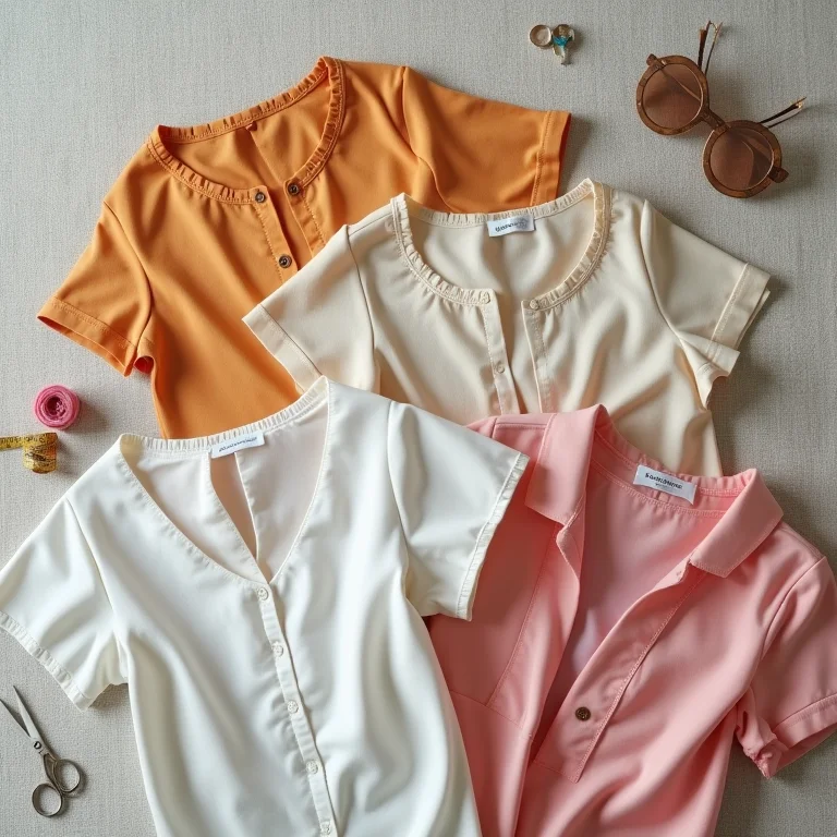 Blusas com lastex, materiais de costura e acessórios em flat lay editorial