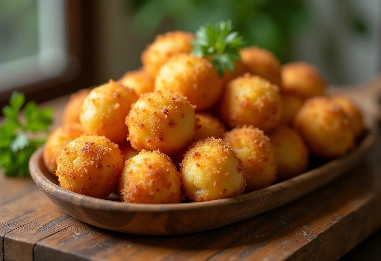 Bolinhos de Bacalhau: Segredo para não Explodirem na Frittura Bolinhos de bacalhau fritos e dourados em travessa de madeira rústica.