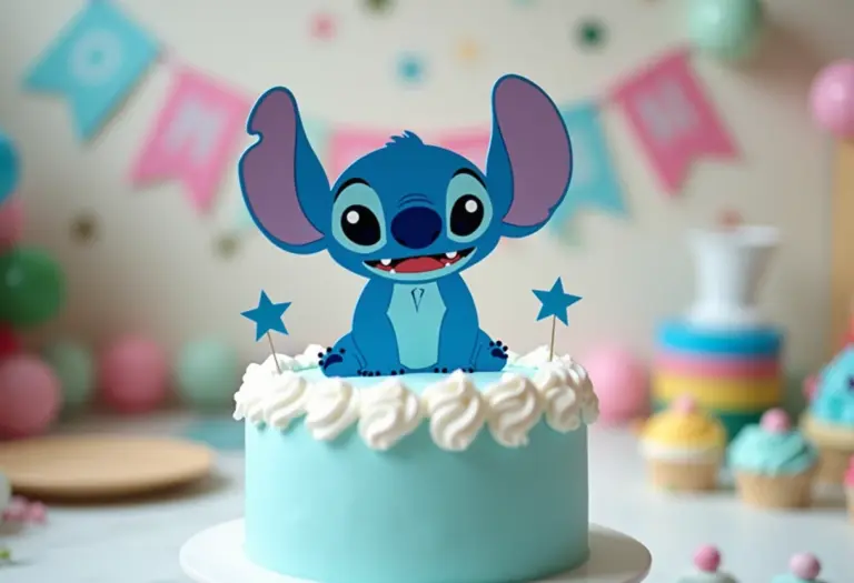 Bolo de festa decorado com topo de bolo do Stitch em papelaria personalizada