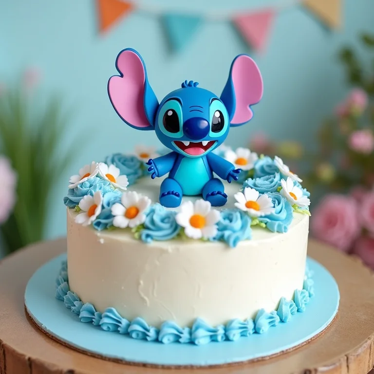 Bolo decorado com flores e detalhes temáticos do Stitch