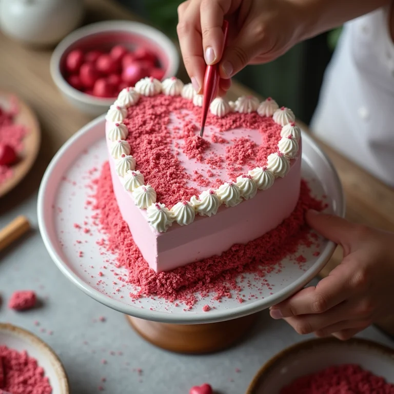 Bolo em formato de coração sendo decorado com glacê e granulados