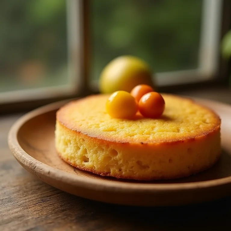 Bolo simples de pitanga em um prato de madeira