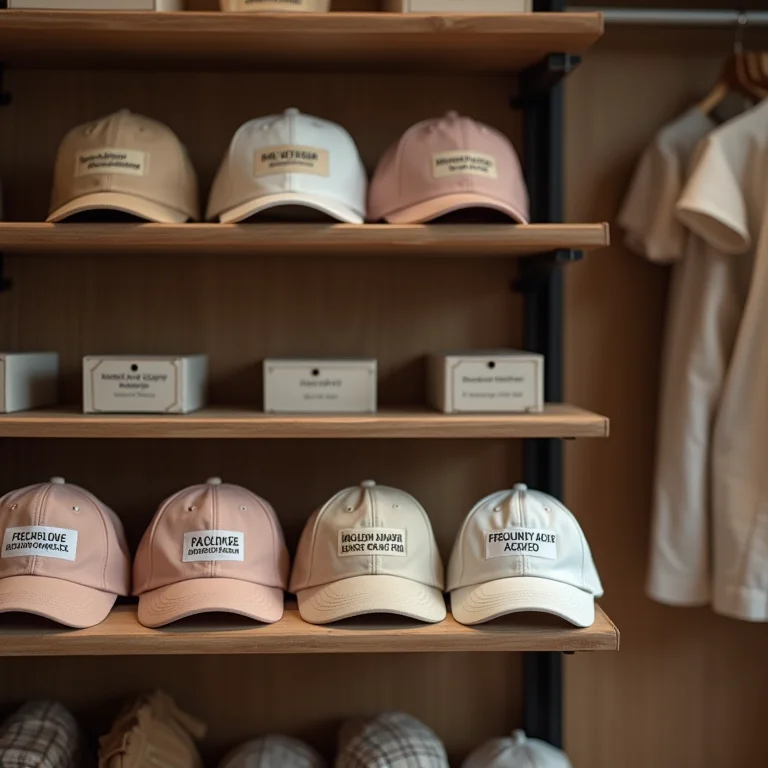 Bonés aba curva feminino organizados em prateleira com etiquetas de perguntas frequentes.
