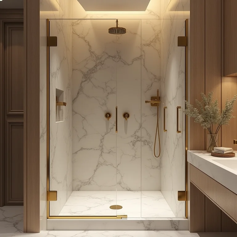 Box elegance com detalhes em dourado para banheiro de luxo