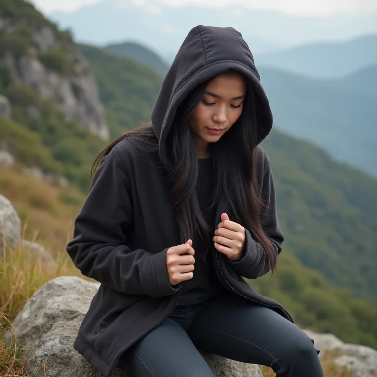 Brasileira asiática se protegendo do frio na trilha