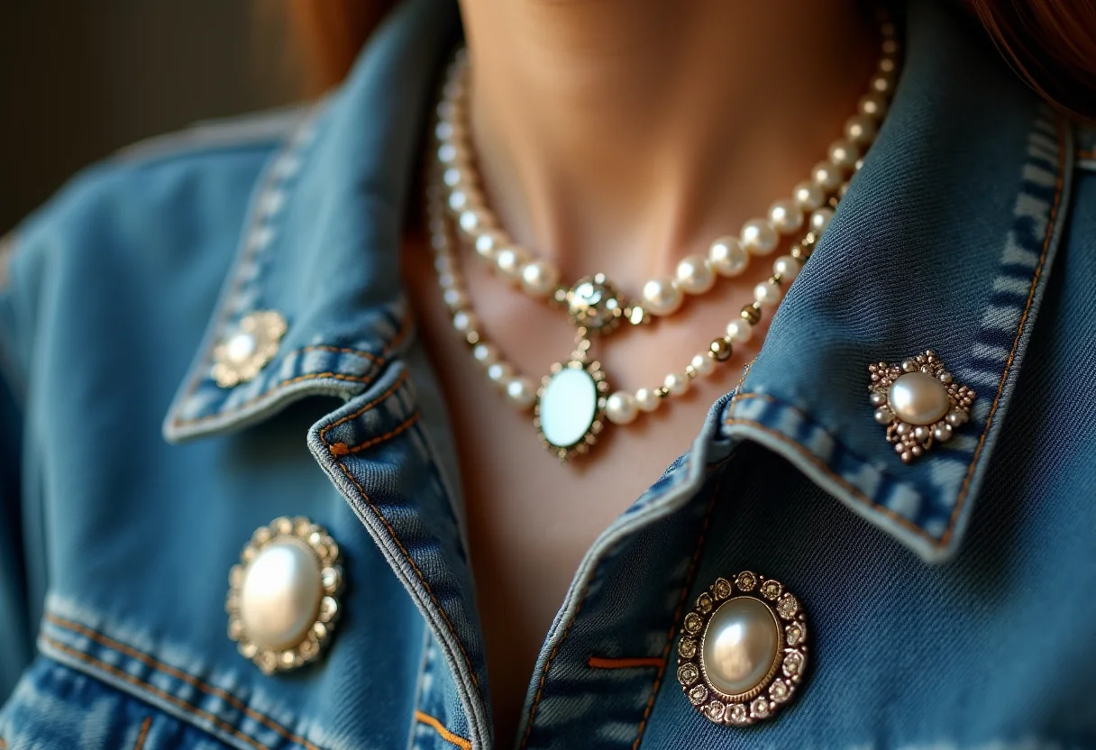Estilo vintage moderno: truques fáceis para acertar na sua casa Broches vintage e colares de pérolas sobre jaqueta jeans, criando um visual moderno
