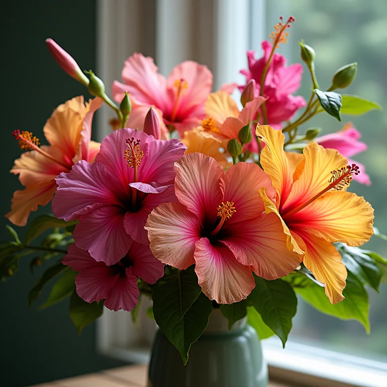 Buquê de flores coloridas, incluindo bougainvillea e hibisco.