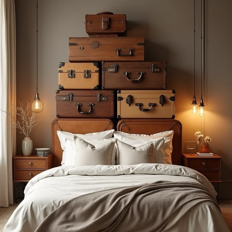 Cabeceira de cama original feita com malas antigas