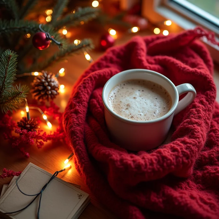 Cachecol vermelho, luzes de natal, chocolate quente e cartões