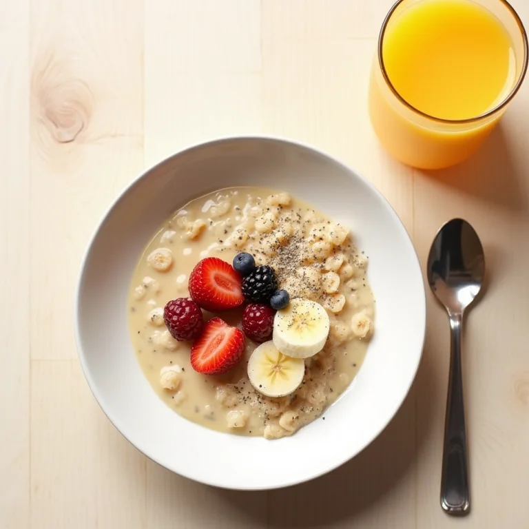 Café da manhã nutritivo e suave: mingau com frutas e suco de laranja.