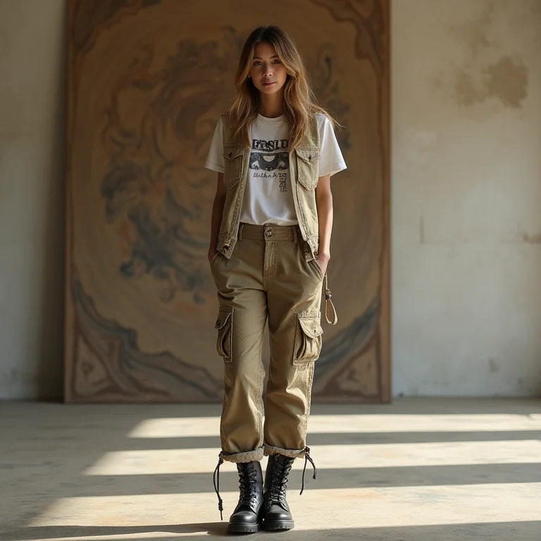 Calça cargo feminina larga com detalhes únicos em uma galeria de arte contemporânea.