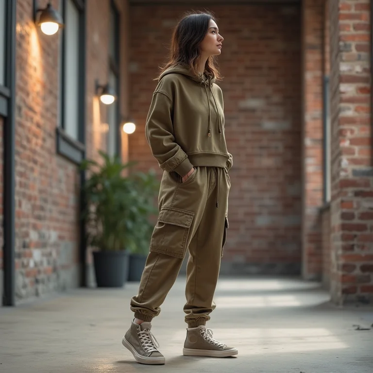 Calça cargo feminina larga jogger em um estúdio industrial-chic.