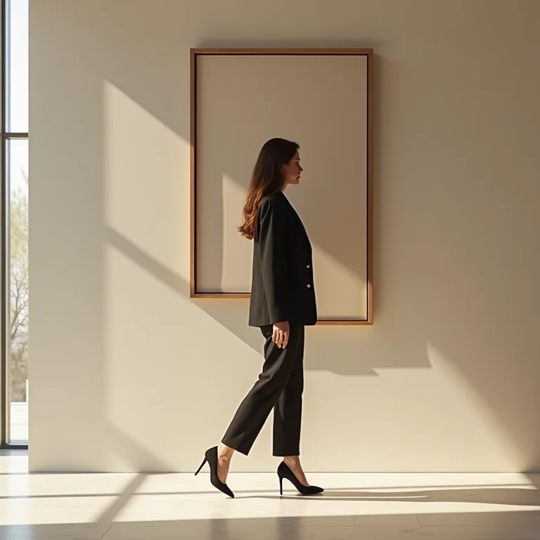 Calça de alfaiataria bege cenoura com blazer e salto alto em galeria de arte minimalista.