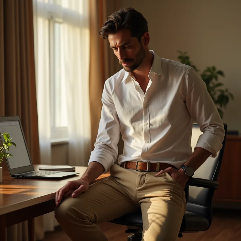 Calça de alfaiataria bege clochard com camisa de botão e cinto em escritório sofisticado.