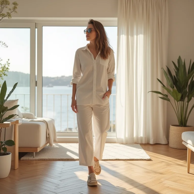 Calça de alfaiataria bege com bolso faca, camisa de linho e espadrilles em apartamento de praia.
