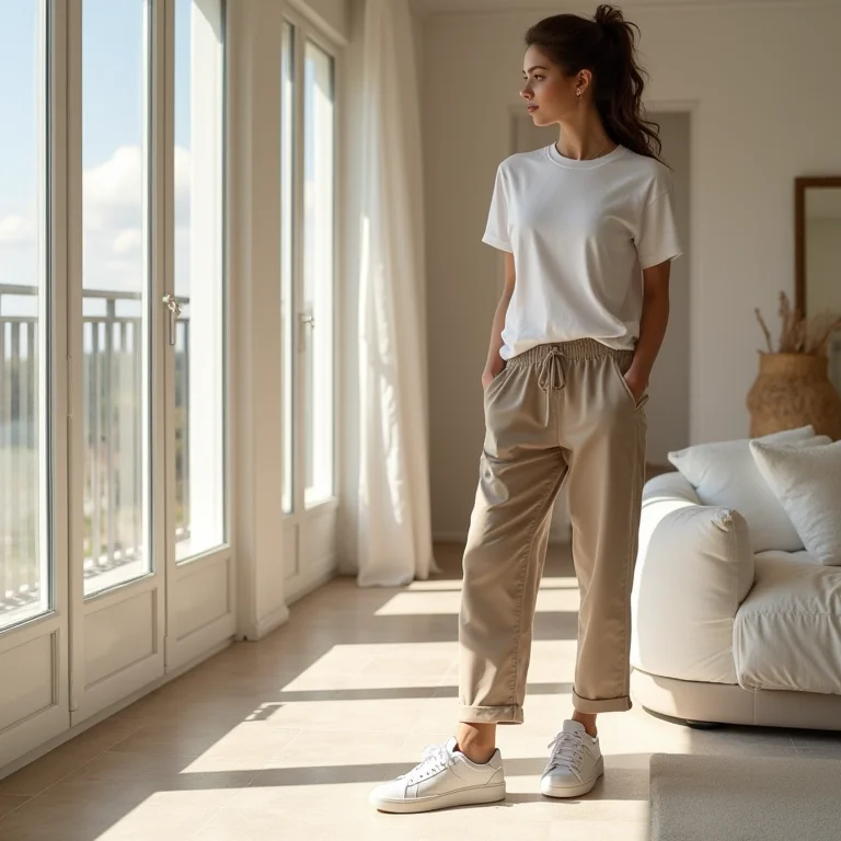 Calça de alfaiataria bege pantacourt com camiseta básica e tênis em apartamento moderno e iluminado.