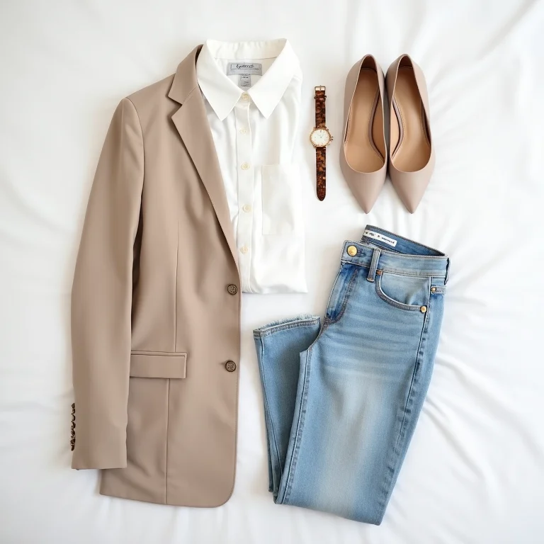 Calça jeans reta de lavagem clara combinada com camisa branca, blazer bege e acessórios para um look de trabalho