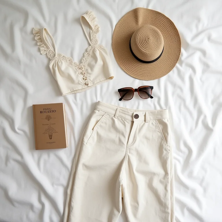 Calças e top de linho da marca Estúdio Traça com chapéu de palha