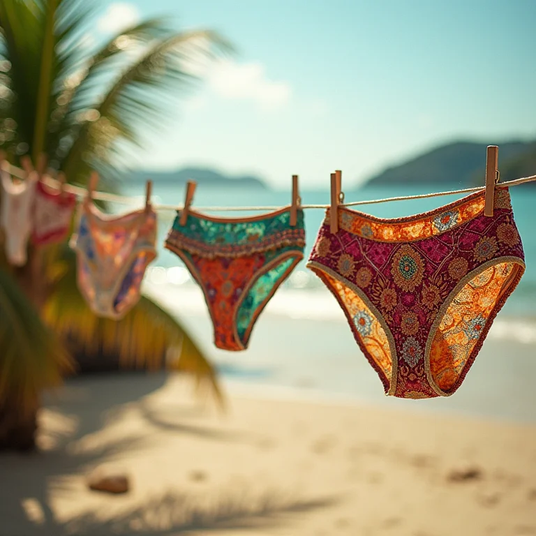 Calcinhas de biquíni criativas e originais penduradas em um varal.