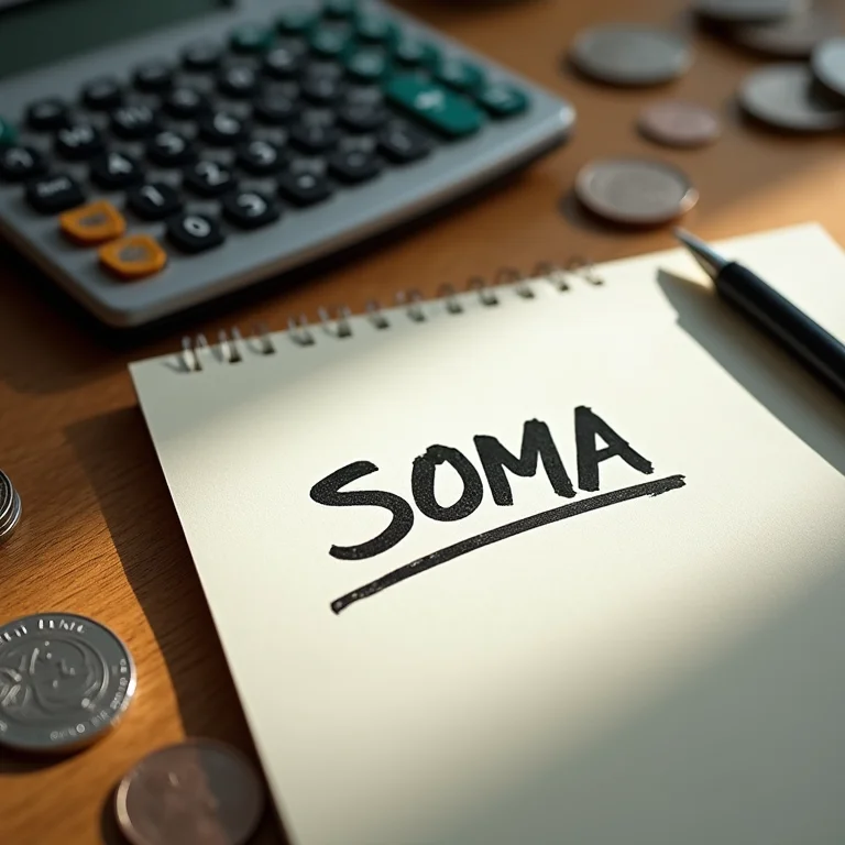 Calculadora, bloco de notas com a palavra SOMA e moedas espalhadas