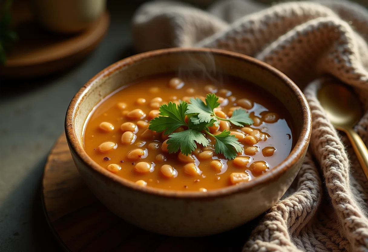 Caldo de Feijão Cremoso: O segredo para um inverno perfeito Caldo de feijão cremoso fumegante em uma tigela rústica.