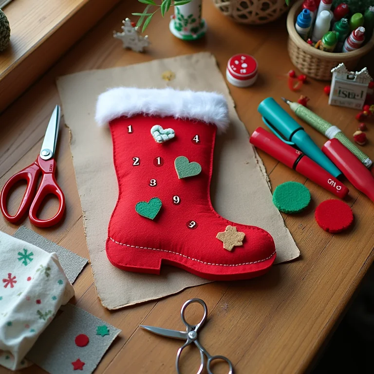 Calendário do Advento em forma de bota de Natal de feltro com materiais de artesanato
