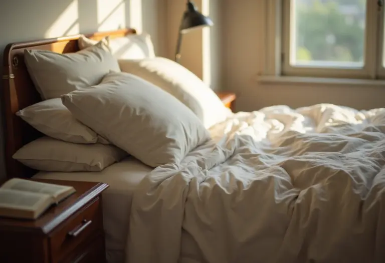Cama aconchegante com roupa de cama de linho neutra em quarto iluminado.