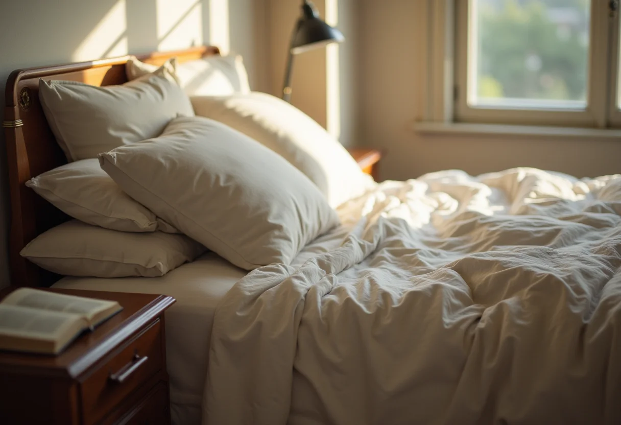 Sono ideal: Descubra quantas horas você precisa pra descansar de verdade Cama aconchegante com roupa de cama de linho neutra em quarto iluminado.